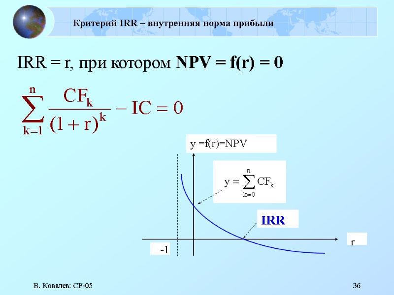 В. Ковалев: CF-05 36 Критерий IRR – внутренняя норма прибыли IRR = r, при